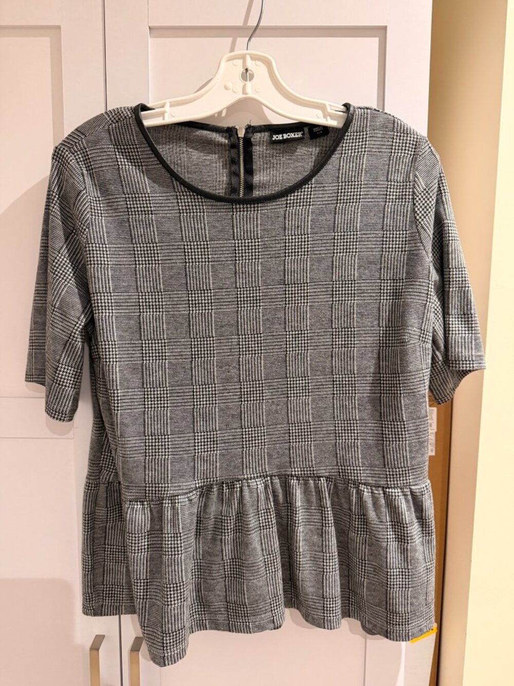 Joe Boxer Plaid Peplum Short Sleeve Blouse Leather Trim Large